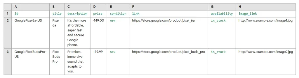 example of google shopping feed