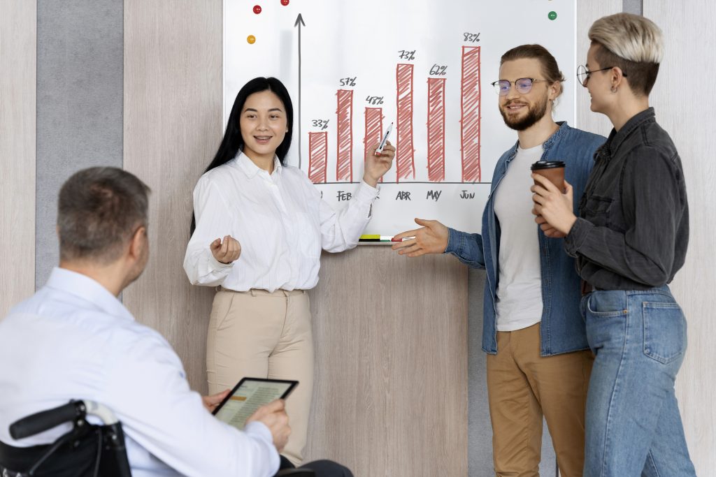 2-Illustration of team analysing lead generation strategies on a meeting in an office