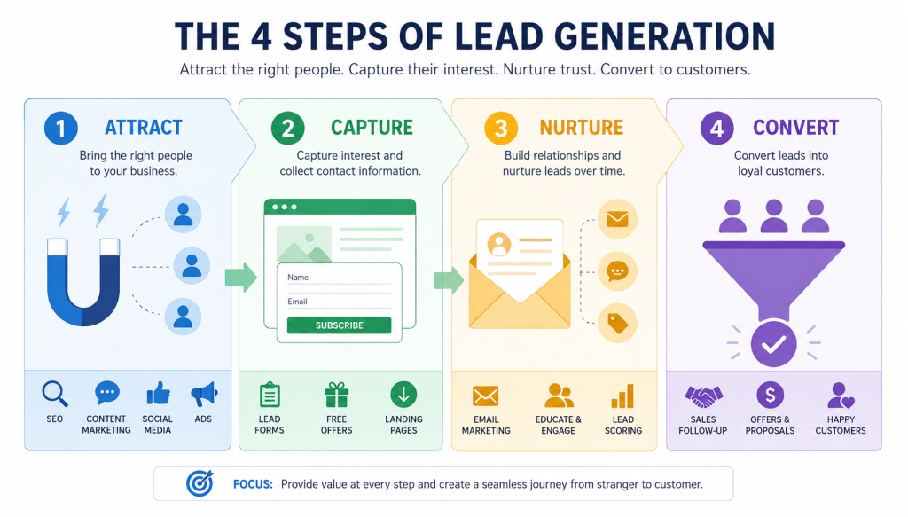 3-Infographic diagram visualizing the four steps of lead generation_ attract, capture, nurture, and convert
