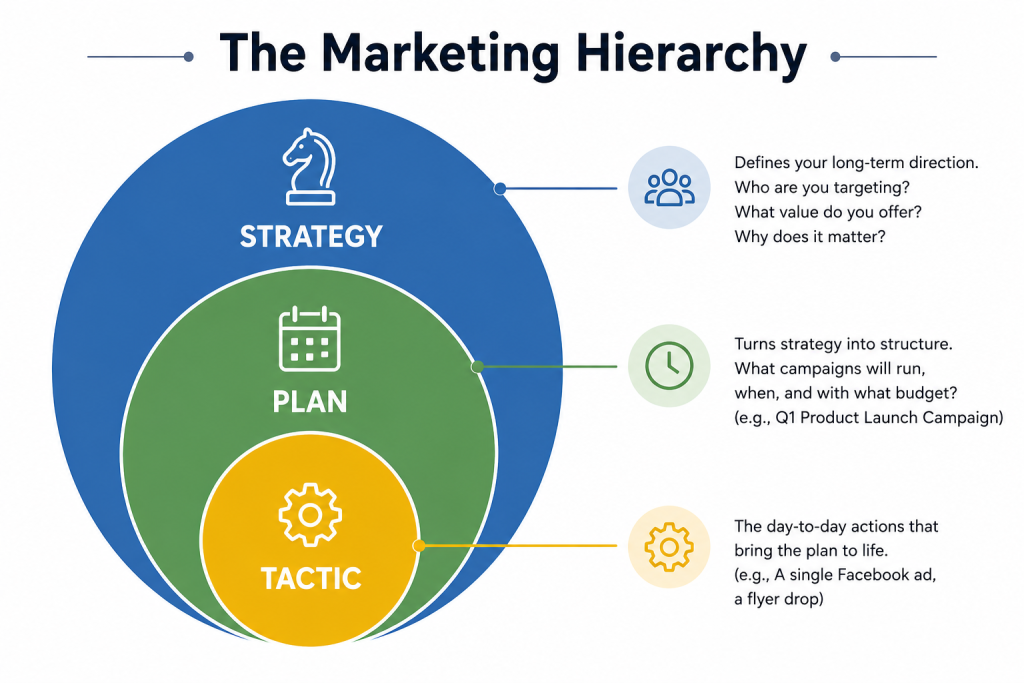 002_Diagram explaining the difference between marketing strategy, marketing plans, and individual tactics for small businesses.