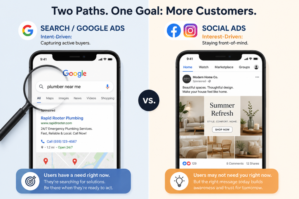003_Comparison graphic showing the strategic difference between Google Ads intent and social media ad targeting.