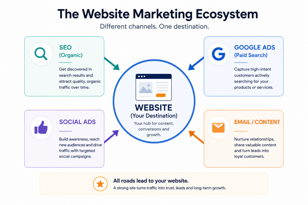 003_Marketing ecosystem diagram showing how SEO, paid search, social media, and email marketing drive traffic to a central business website.